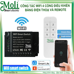 Công tắc điều khiển từ xa Wifi và RF 4 cổng có remote điều khiển MOLI